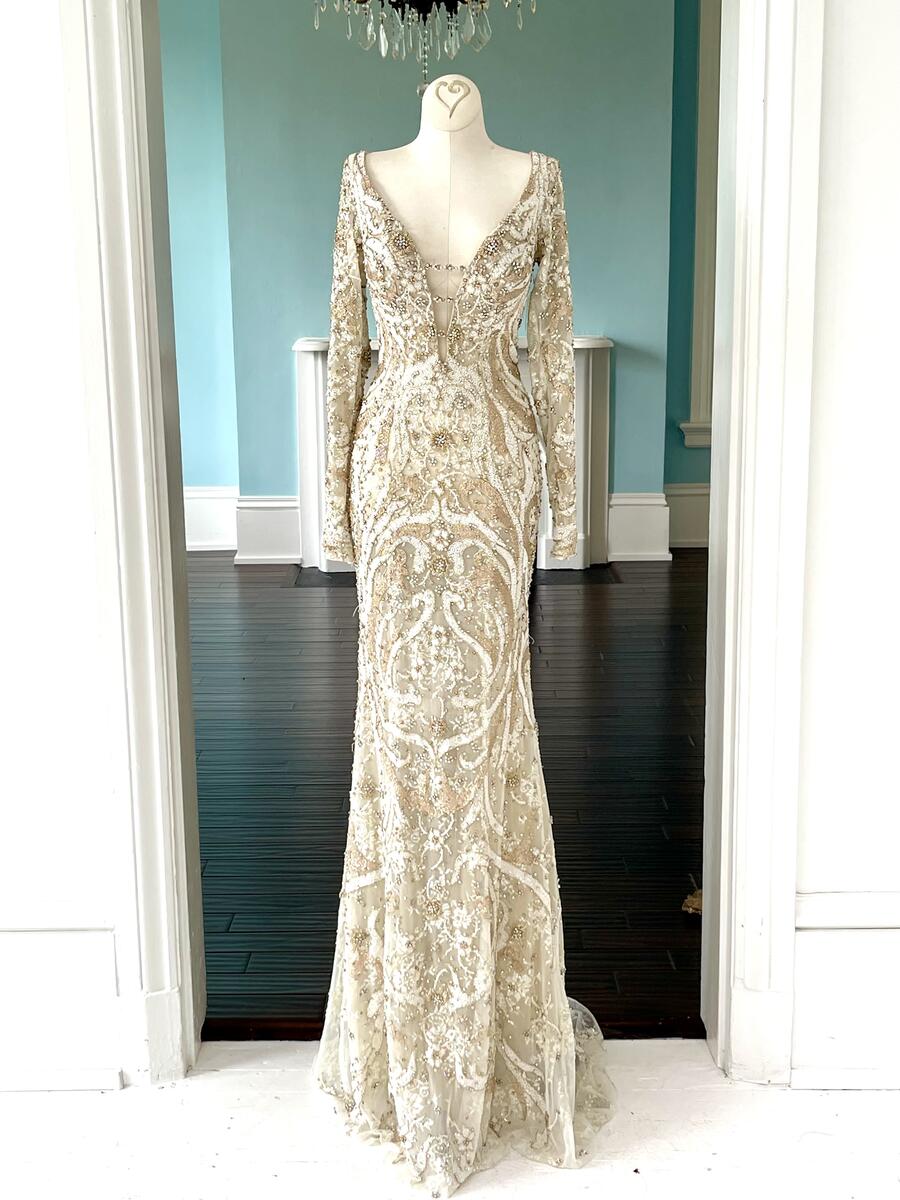 Sherri Hill Ivory Gold Beaded Long Sleeve Pageant Gown
