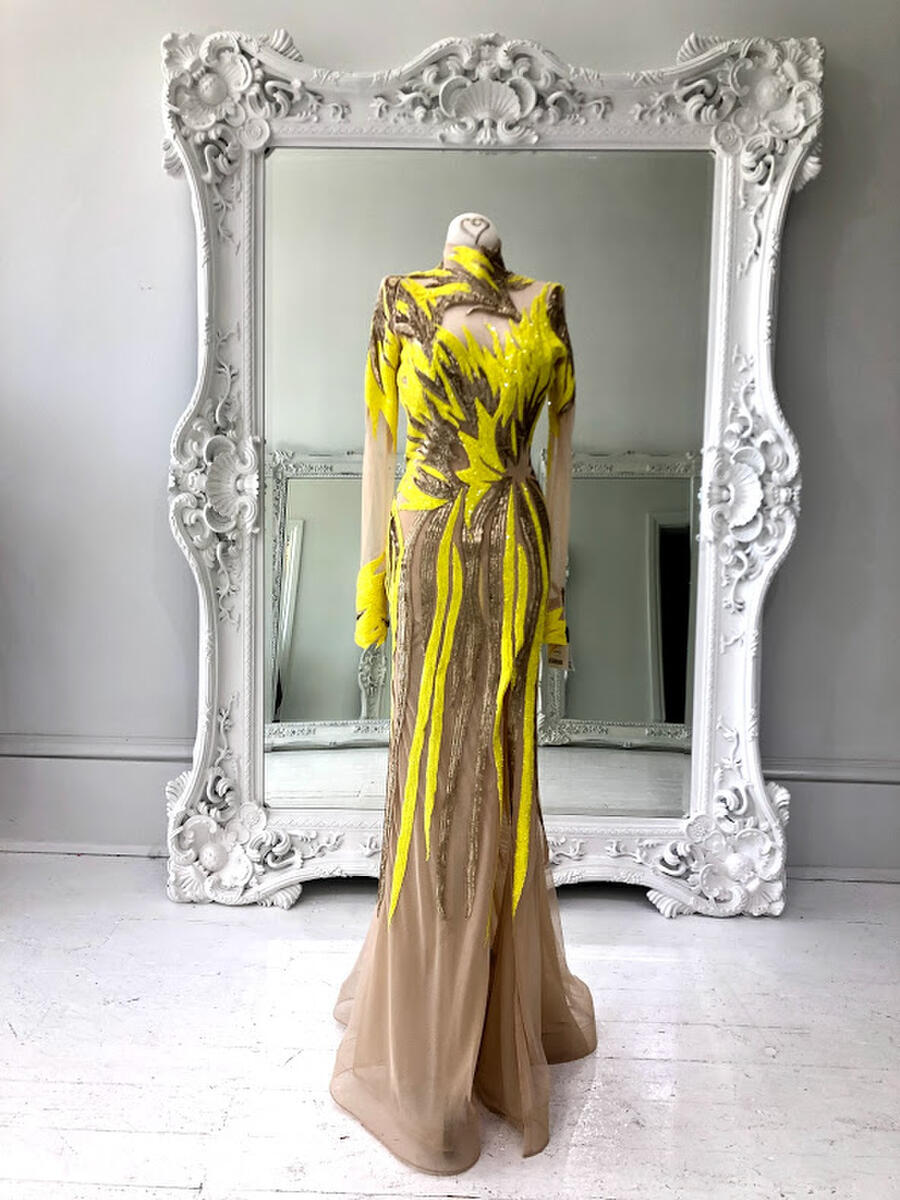 Juan Carlos Pinera unique yellow sequins beaded fitted gown with sleevesgown 