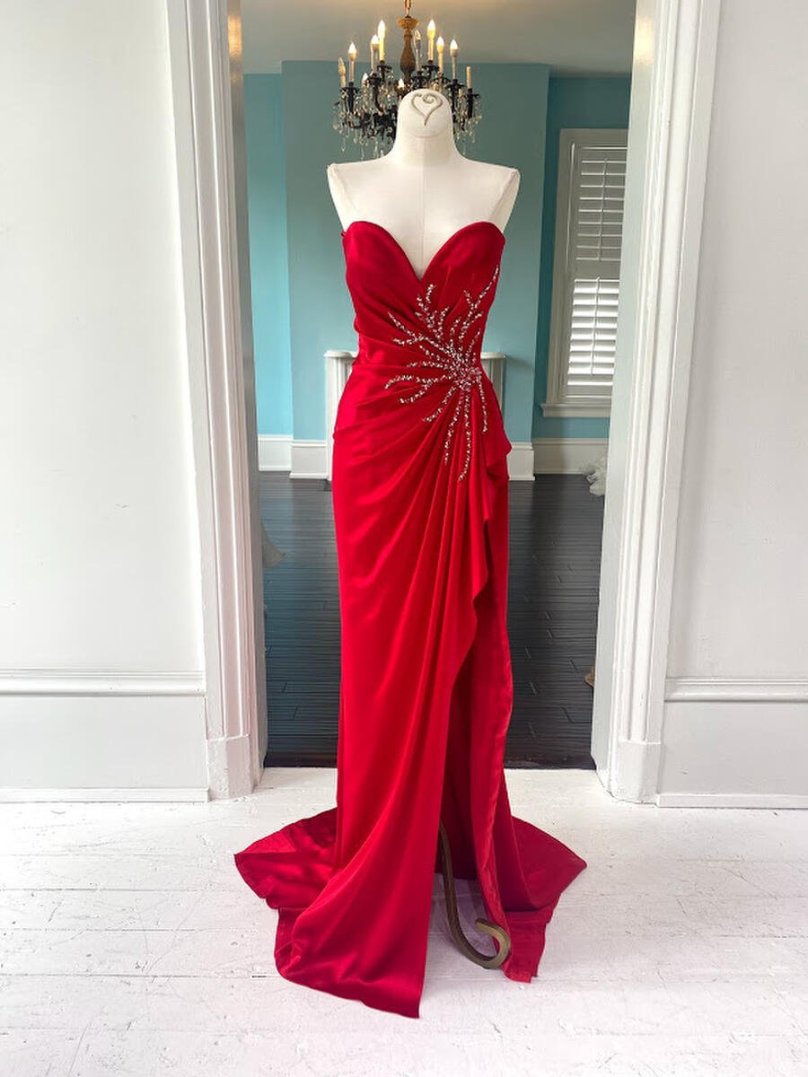 Sherri Hill Couture Red Strapless Silk Charmeuse Gown 44960