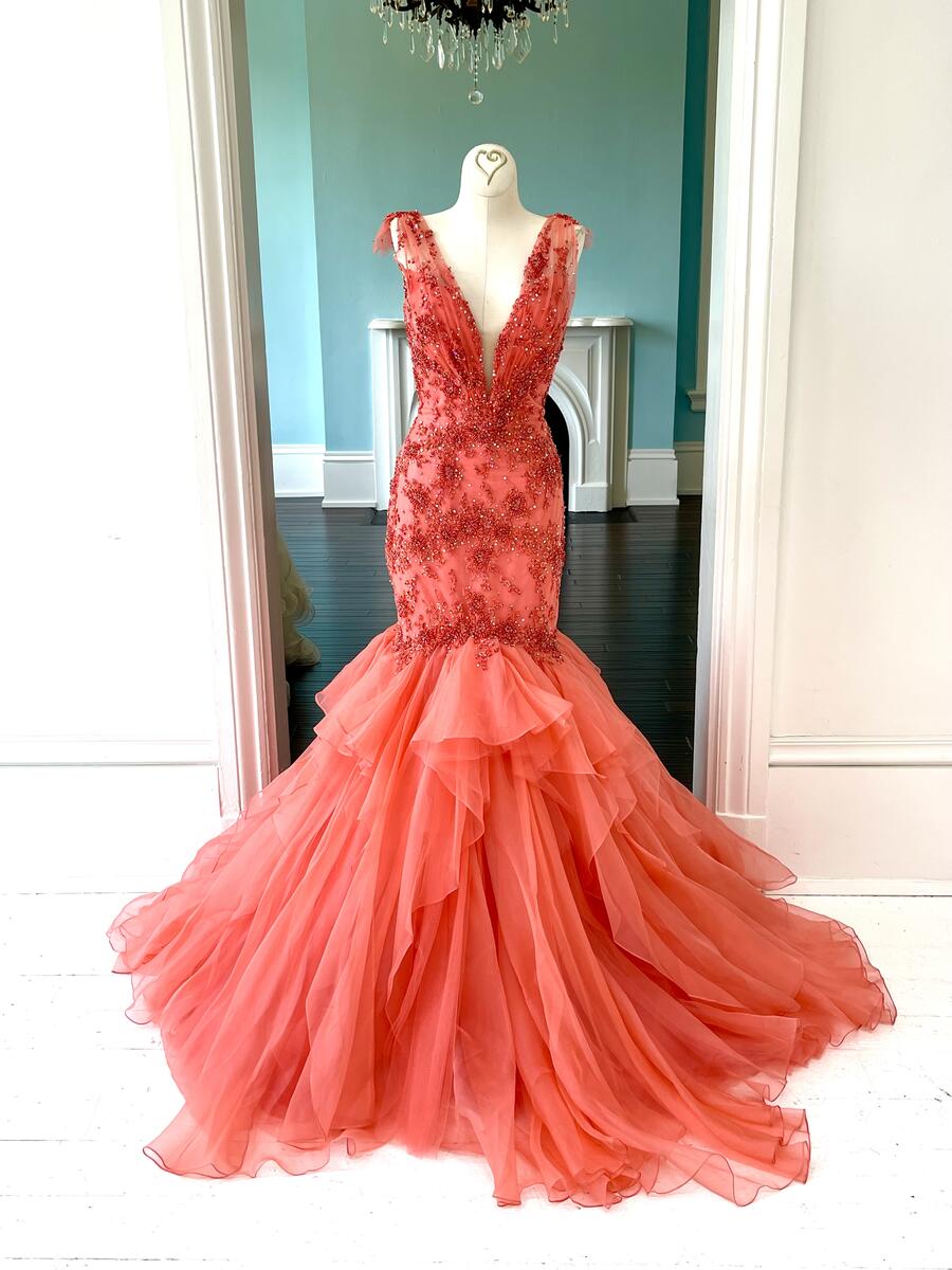 Sherri Hill Couture Coral Pageant Mermaid Gown
