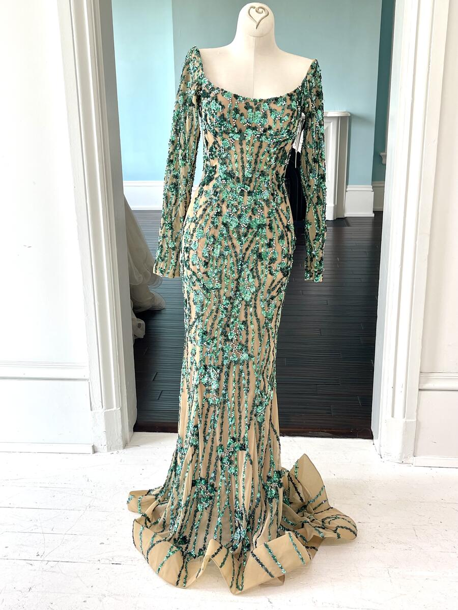 Sherri Hill Couture Green beaded fitted long sleeve gown 44405