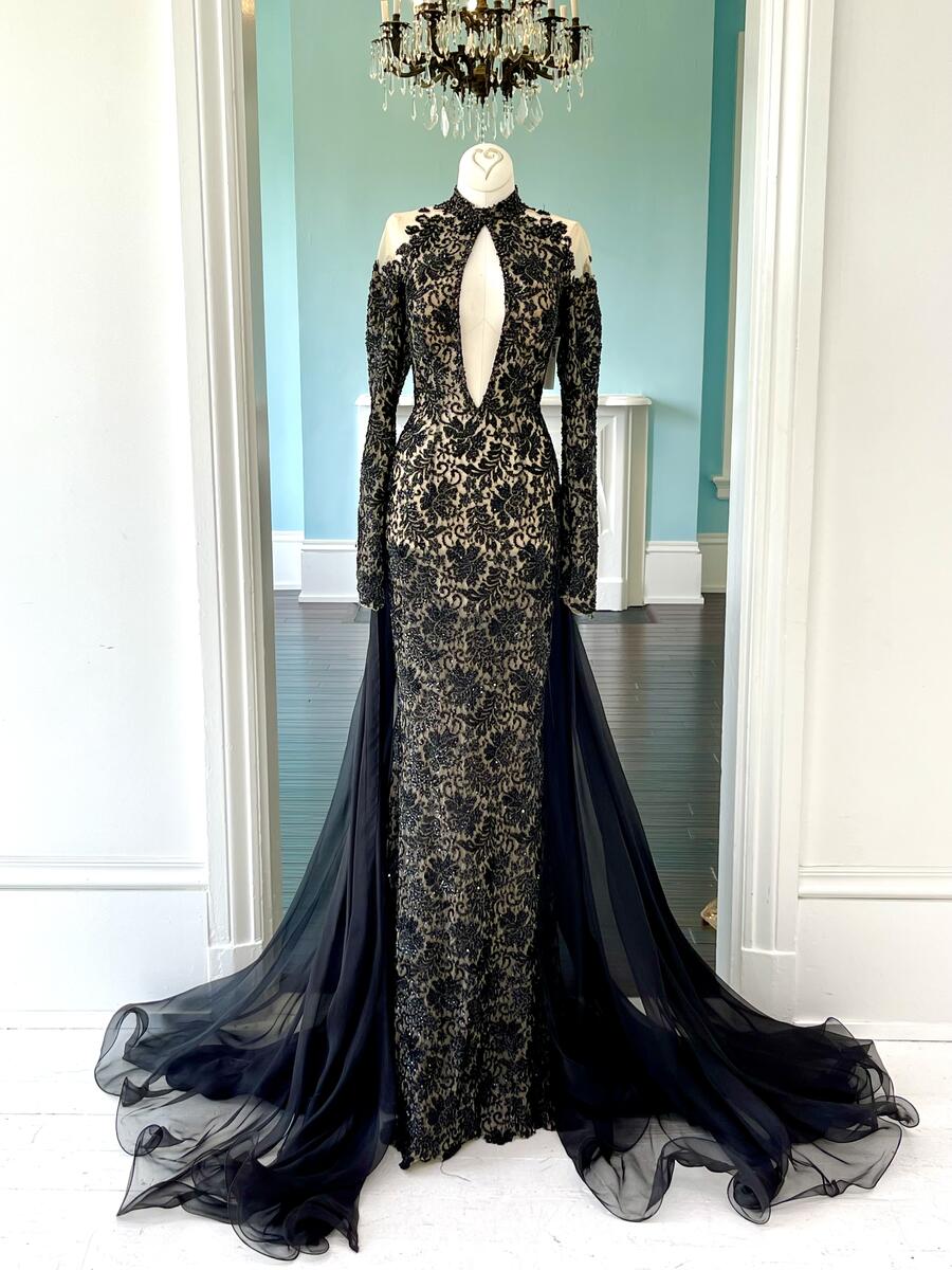 Sherri Hill Couture Black Long Sleeve Lace Pageant Gown 44449XX