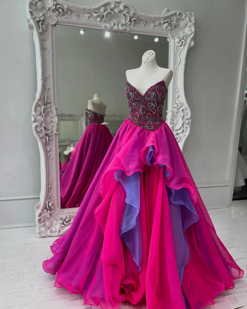 Sherri Hill Crossover Pageant Bright Pink Organza Ballgown 67013