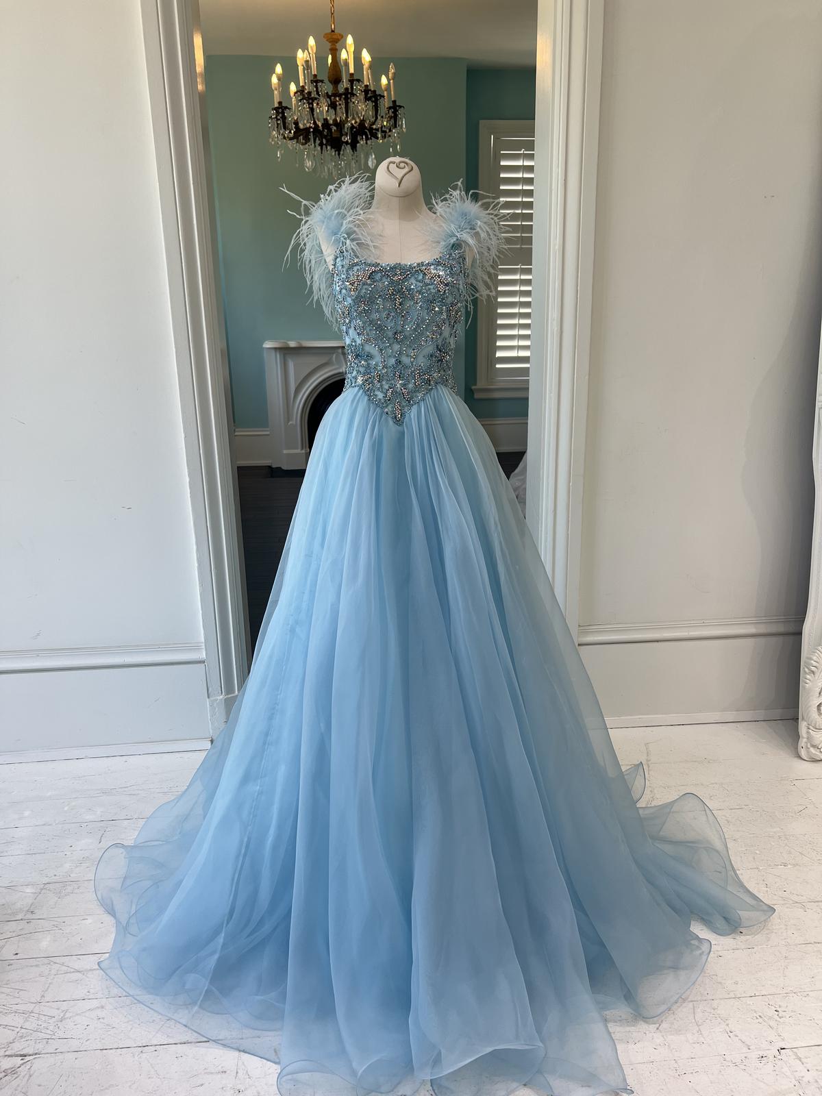 Sherri Hill Couture Light Blue Pageant Ballgown with Feathers 45162