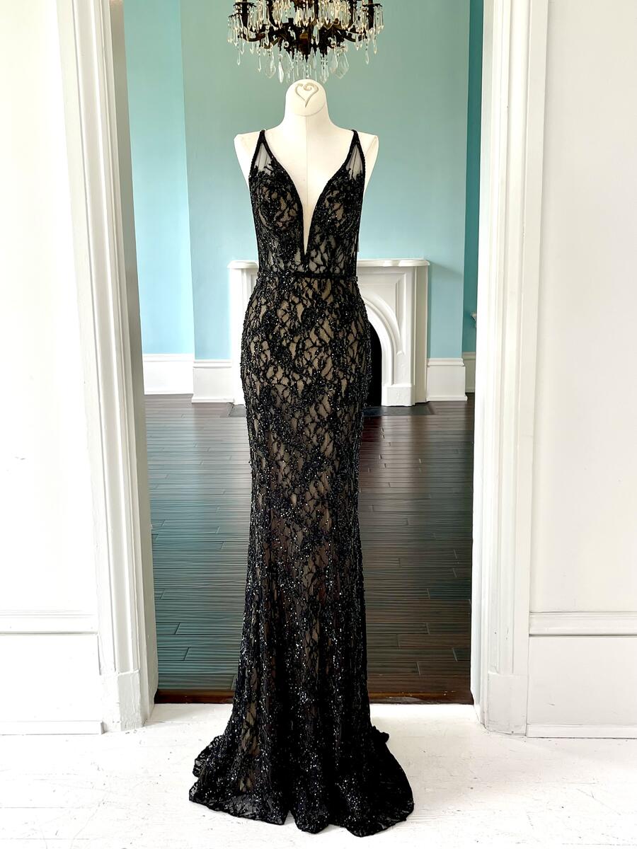 Sherri Hill Couture Black Lace Pageant Gown 44694