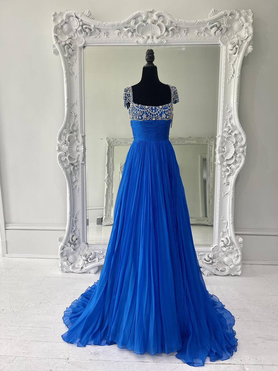 Sherri Hill Couture Peacock blue chiffon Pageant gown 45446