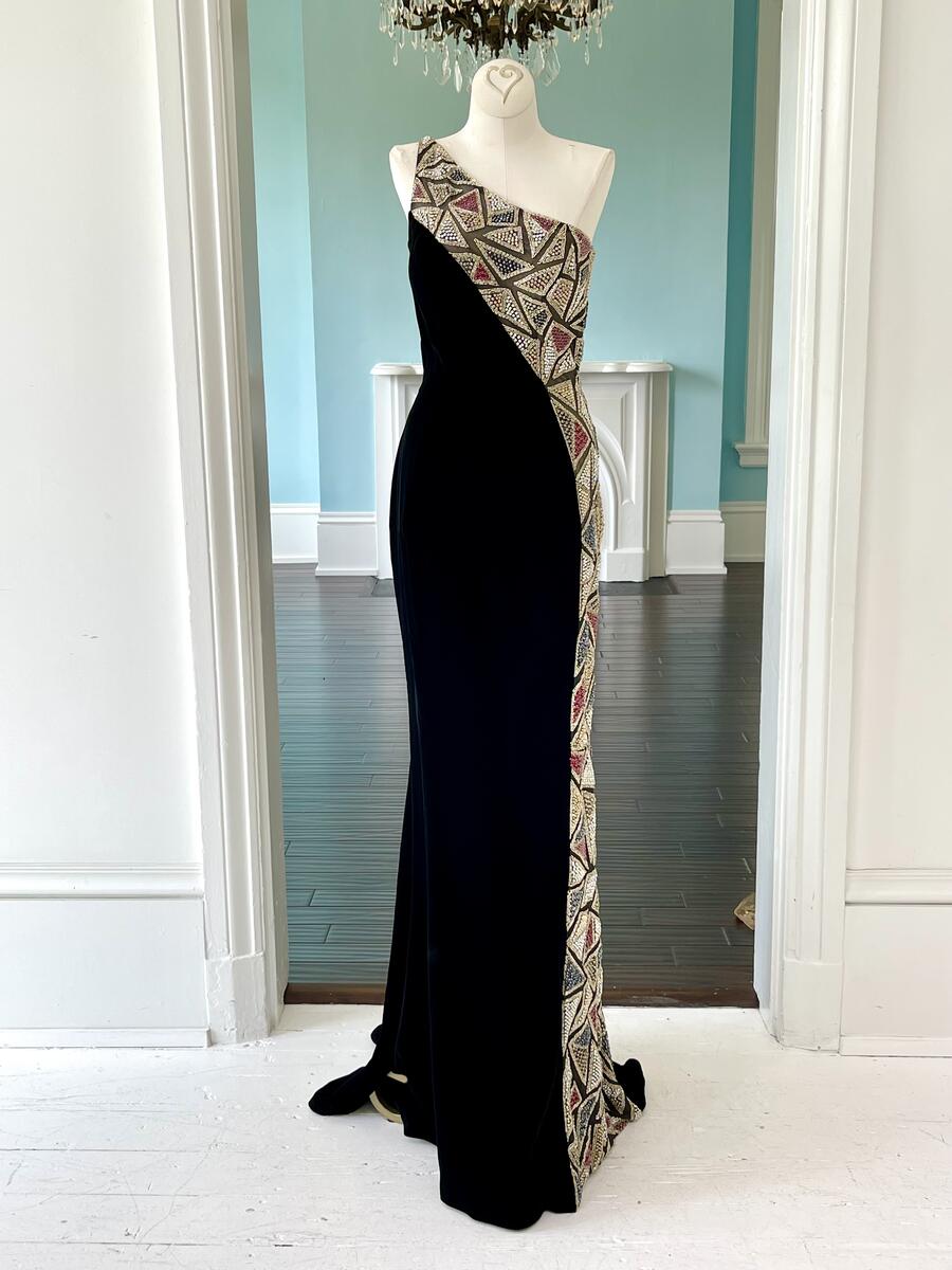 Sherri Hill Couture Black Velvet One Shoulder Pageant Dress