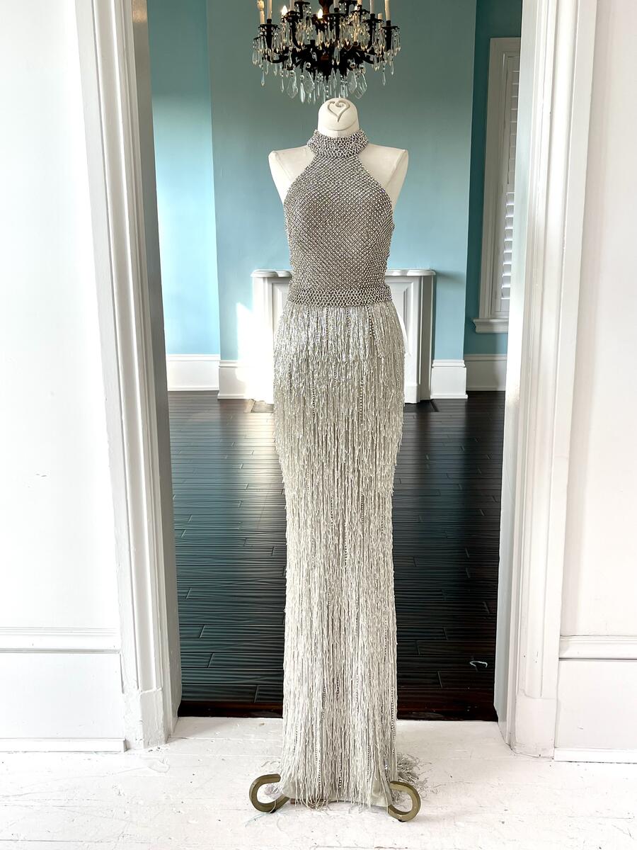 Sherri Hill Couture Nude Silver Fringe Pageant Gown