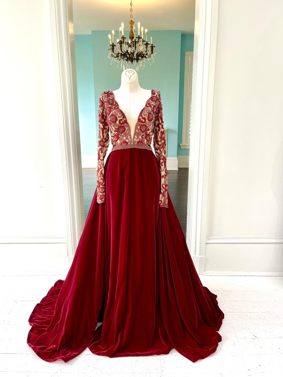 Sherri Hill Couture Burgundy Velvet Long Sleeve Pageant Gown 44191