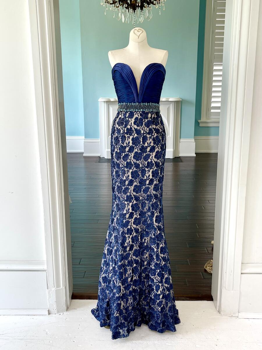 Sherri Hill Couture Navy Fitted Lace Pageant Gown