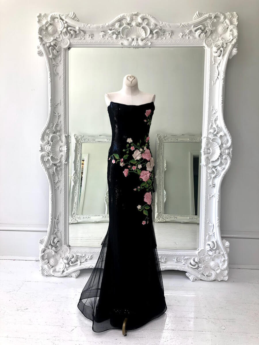 Juan Carlos Pinera fully sequins black gown with rose flower applique  A1820