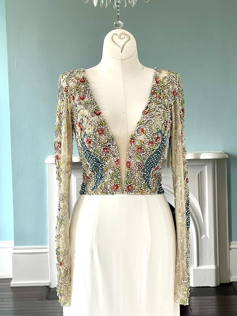 white and gold long sleeve dress Long-Sleeve Modest Long Formal Dress with Beads Champagne / 18