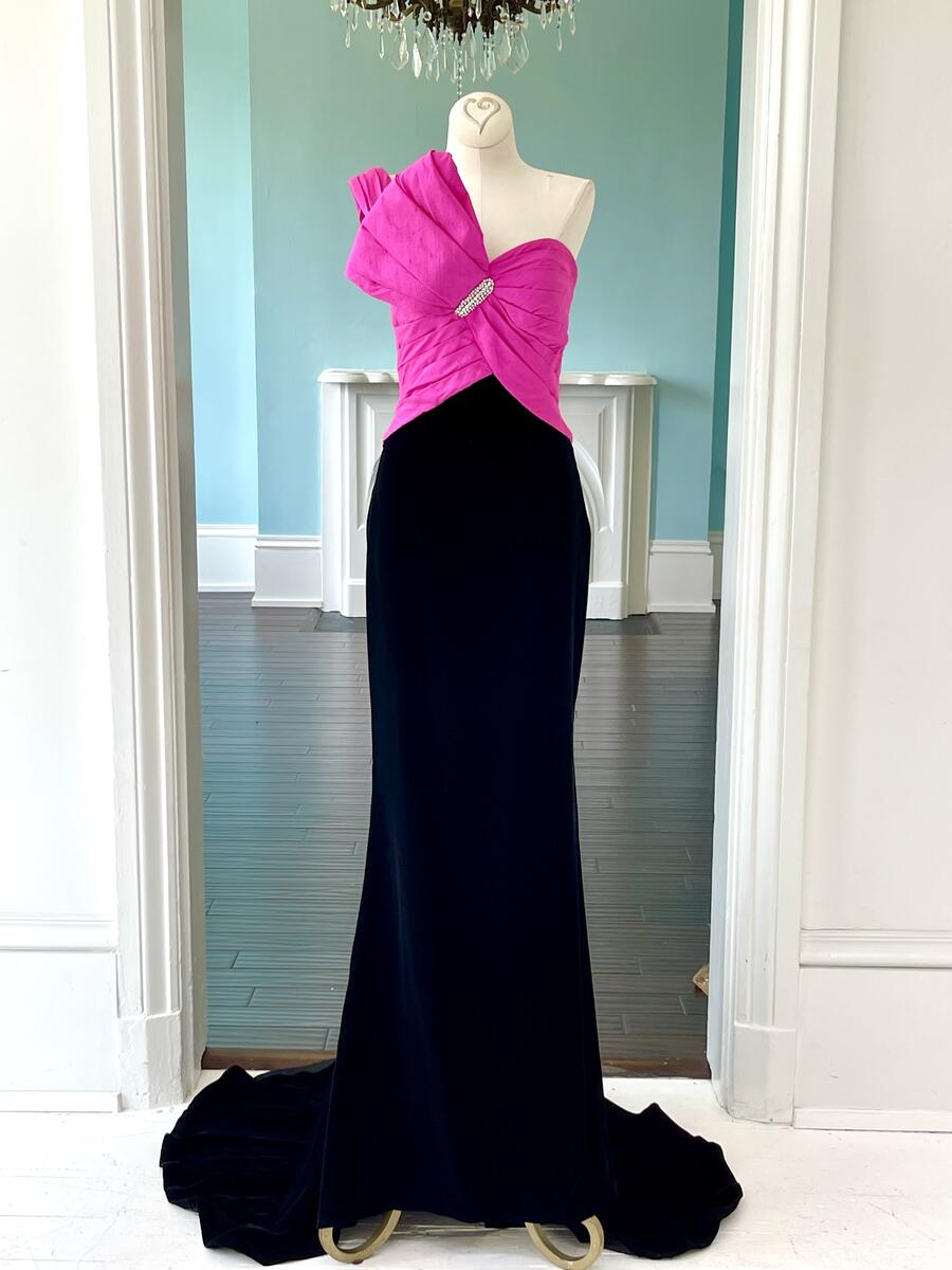 Sherri Hill Couture Black Fuchsia Velvet Pageant Gown