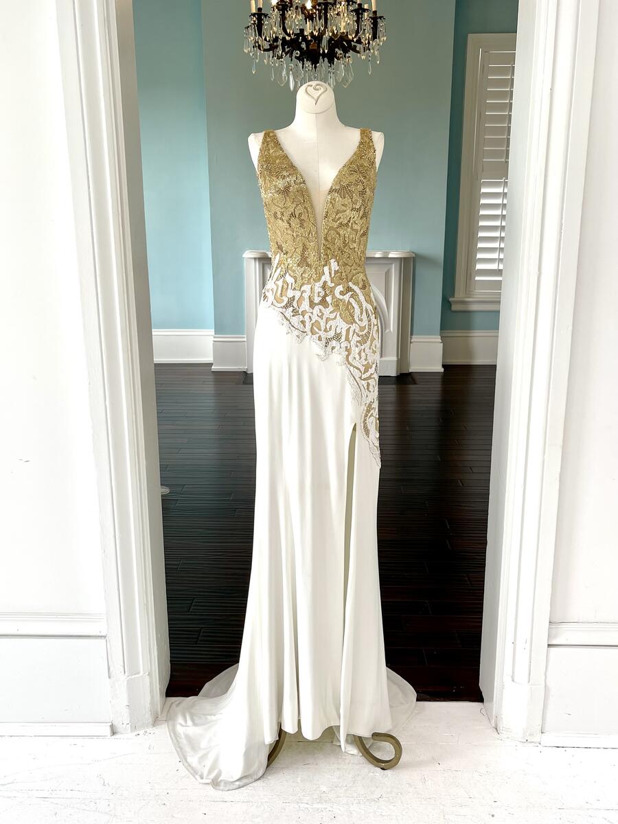 Sherri Hill Couture Ivory Gold Jersey Pageant Gown 44233