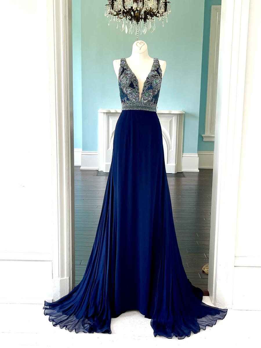 Sherri Hill couture navy jersey pageant gown