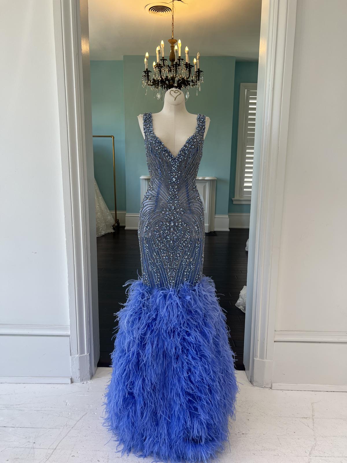 Johnathan Kayne Light Sapphire Periwinkle Feather Pageant Gown JKC16