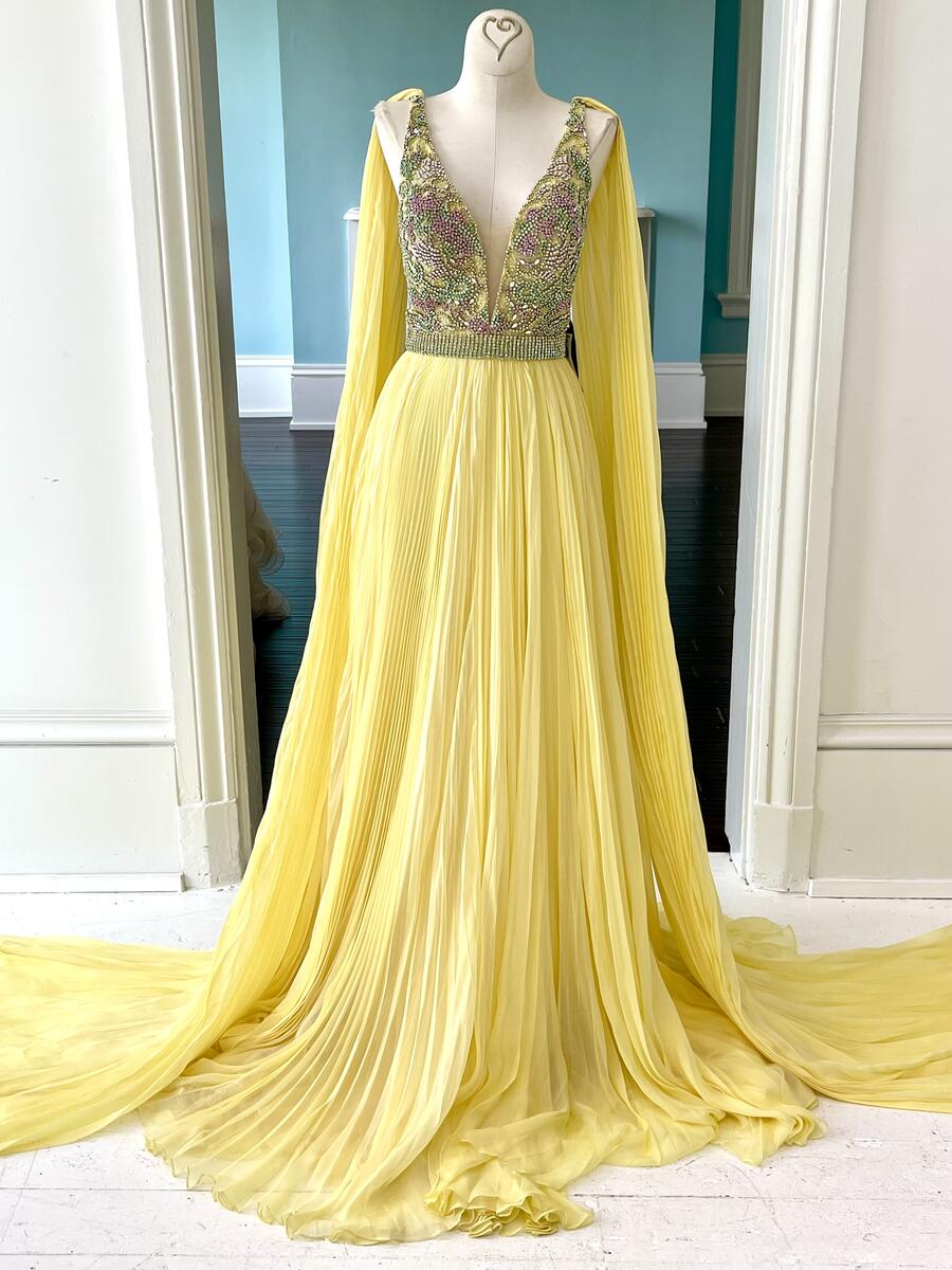 Sherri Hill Couture yellow chiffon flowy pageant gown