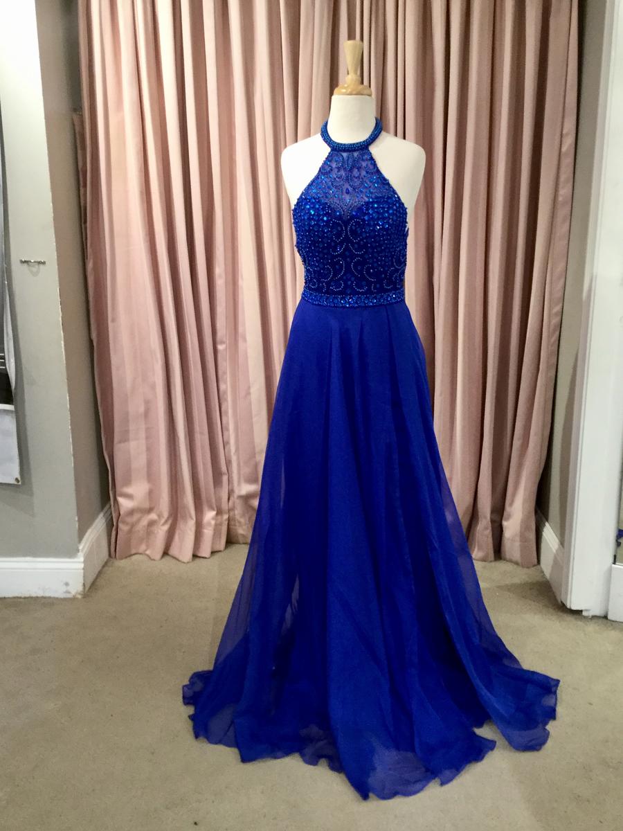 Sapphire High Neck Gown With Tonal Beading and chiffon skirt Alyce 