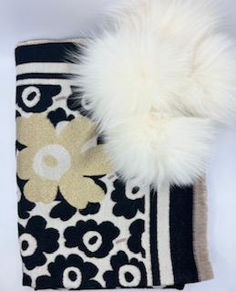 Woven Wide scarf with modern black floral print and fox pompoms 19304