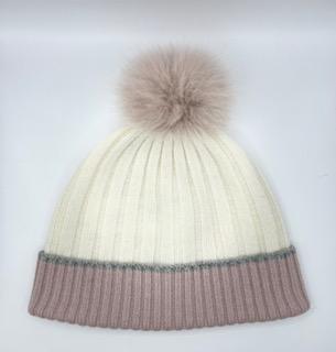 Wool knit  hat with contrast cuff  and fox pompom 19325