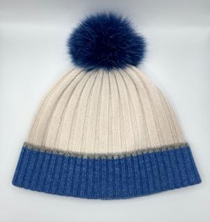 Wool knit  hat with contrast cuff  and fox pompom 19325