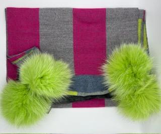 LIME WOVEN SCARF WITH STRIPES & SQUARES & FOX POMPOMS 19307