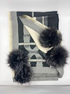 Wide woven scarf equestrian look with fox pompoms 19305