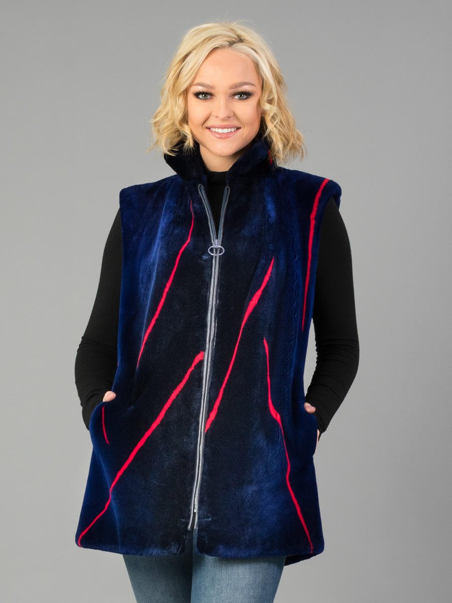 Sheared Beaver Vest Royal Blue with Red Inserts 14261