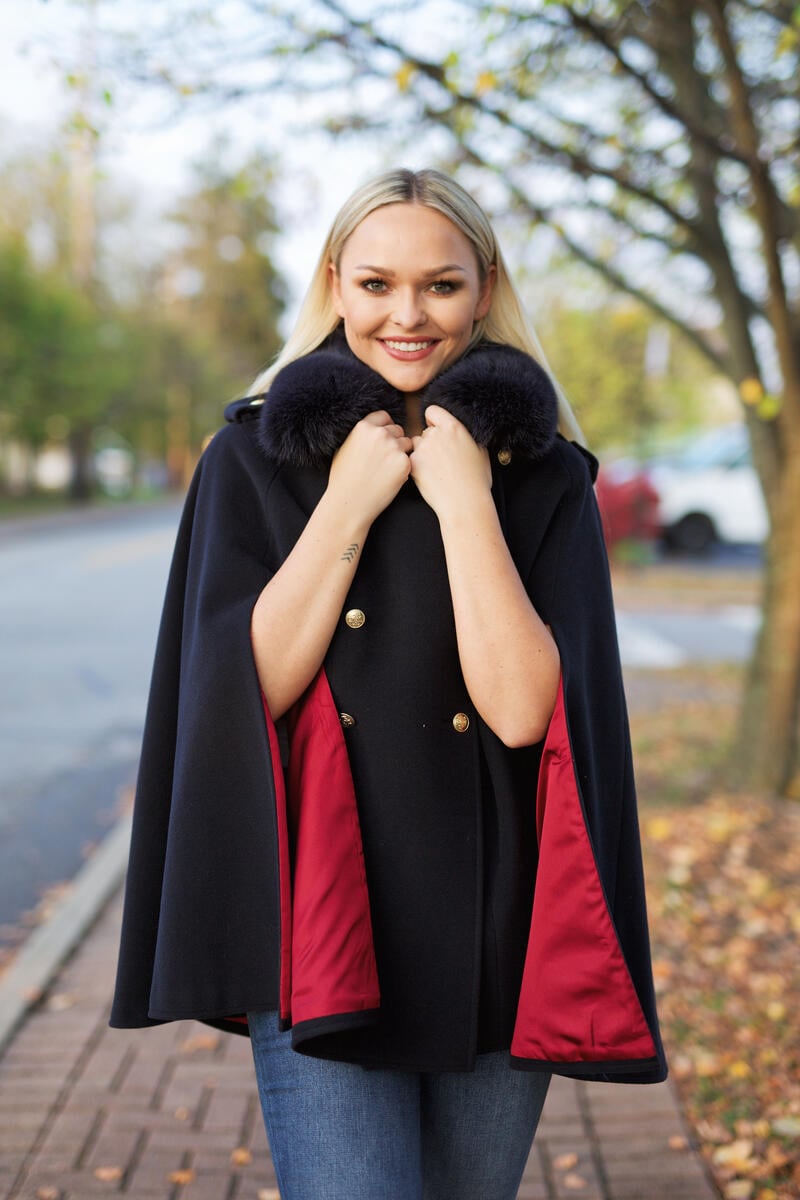Navy cashmere cape with fox 