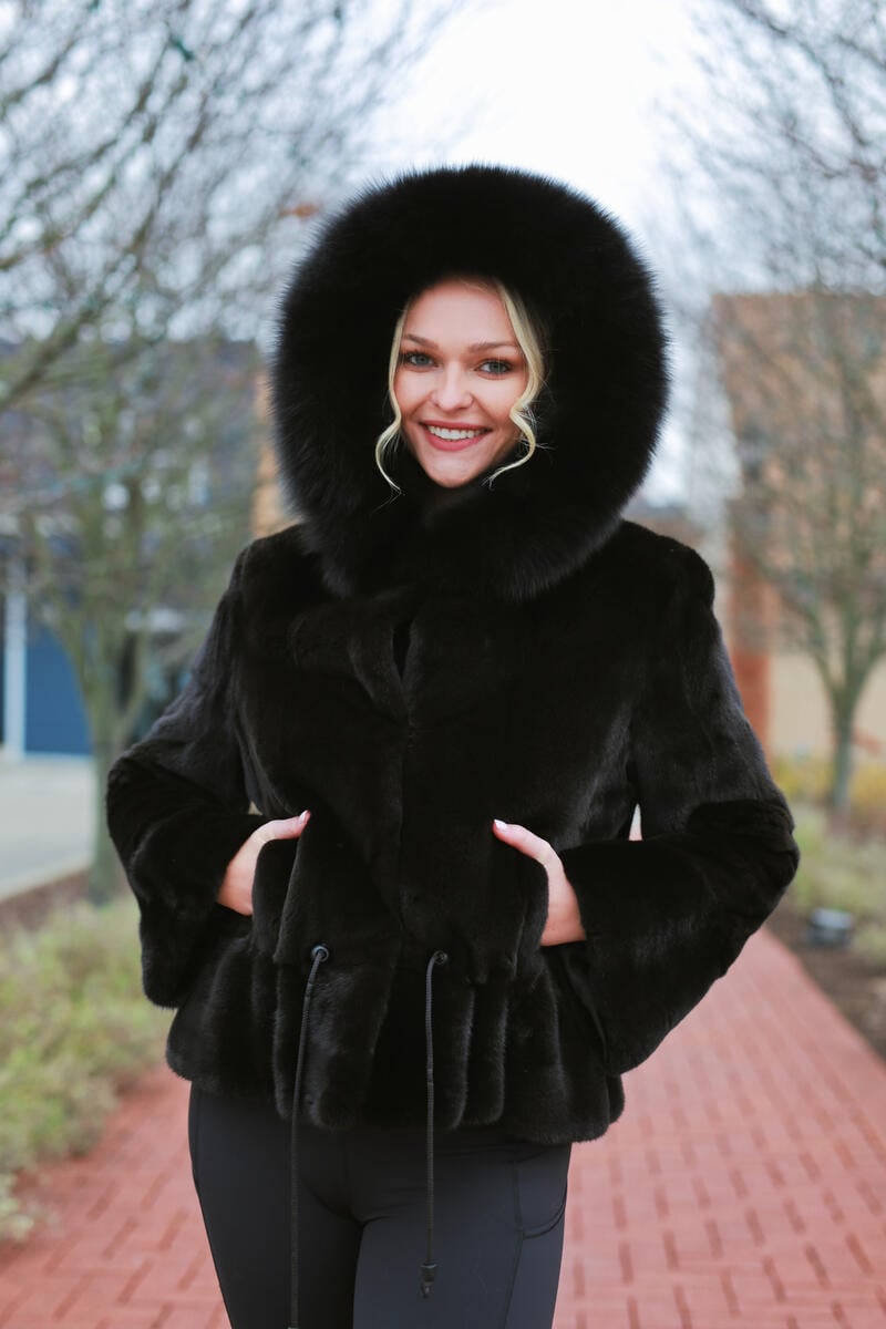 Short mink Jacket with Hood trimmed in fox 11509