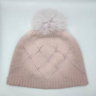 Knit hat with Crystal, Diamond weave and fox pompom 19322