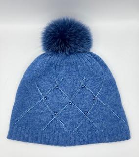 Knit hat with Crystal, Diamond weave and fox pompom 19322