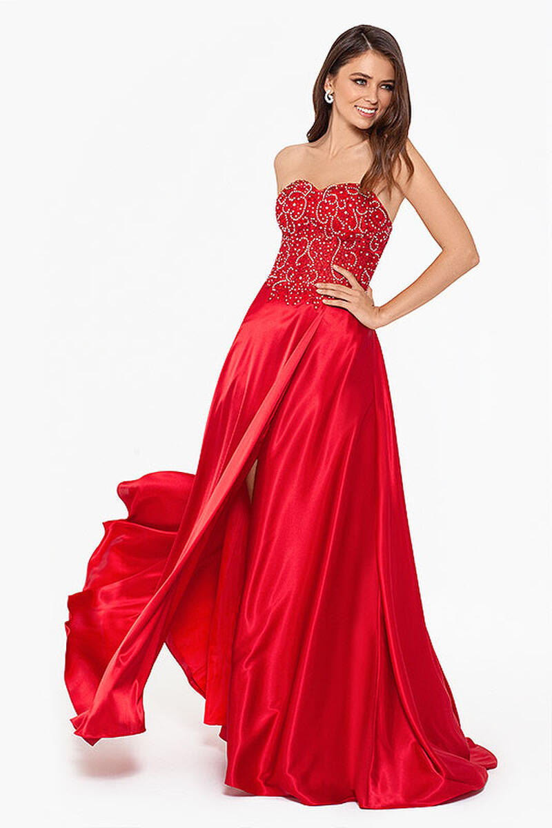 BLONDIE NITE - Strapless Satin Embroidered Beaded Bodice Gown