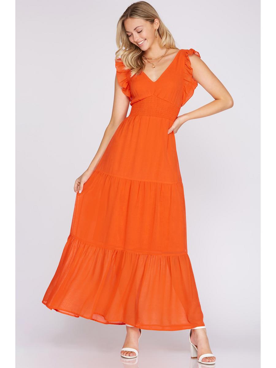 SHE AND SKY - Ruffled Sleeve Tiered Maxi Gown SY4179