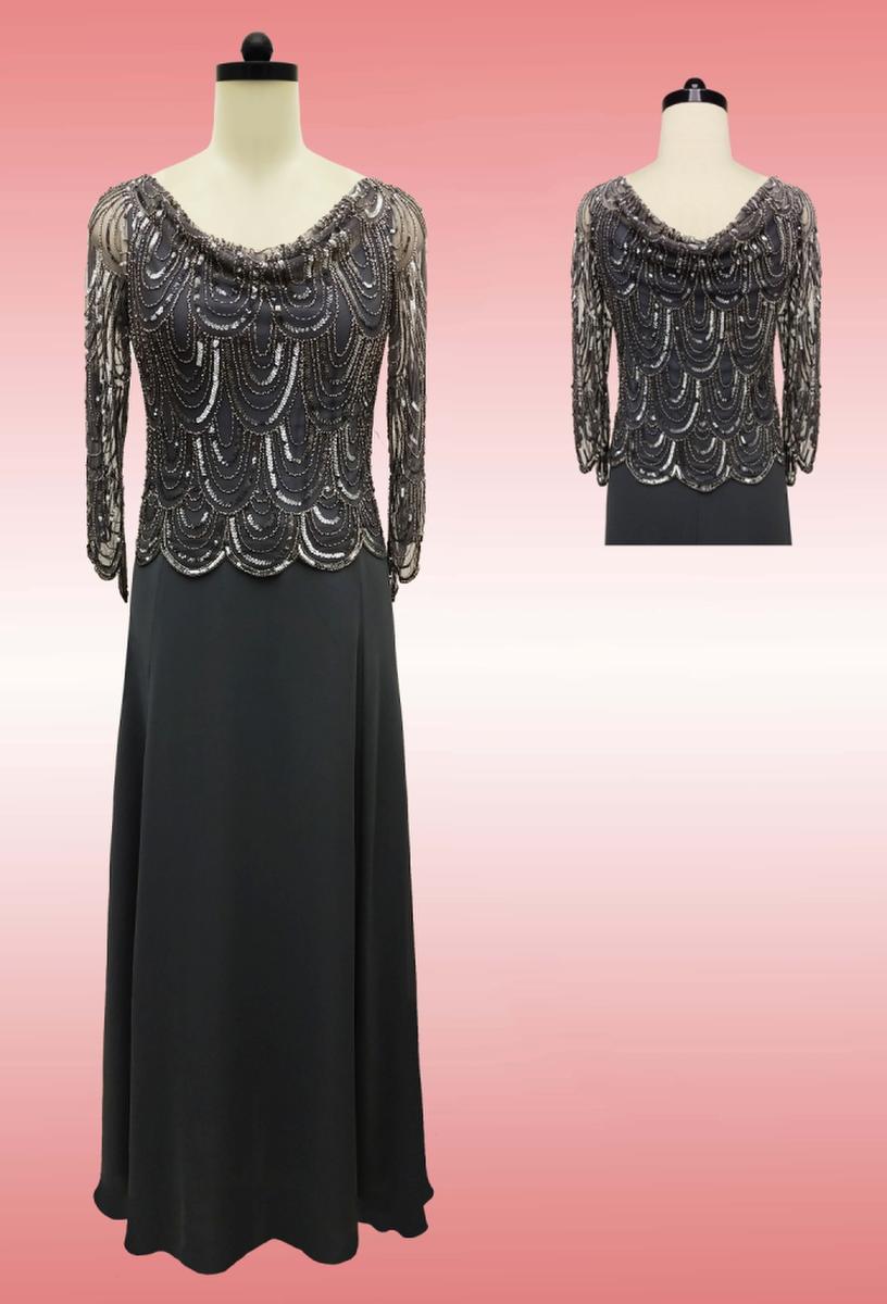 JKARA - Long Sleeve Chiffon Gown Bead Mock Top 5005GR