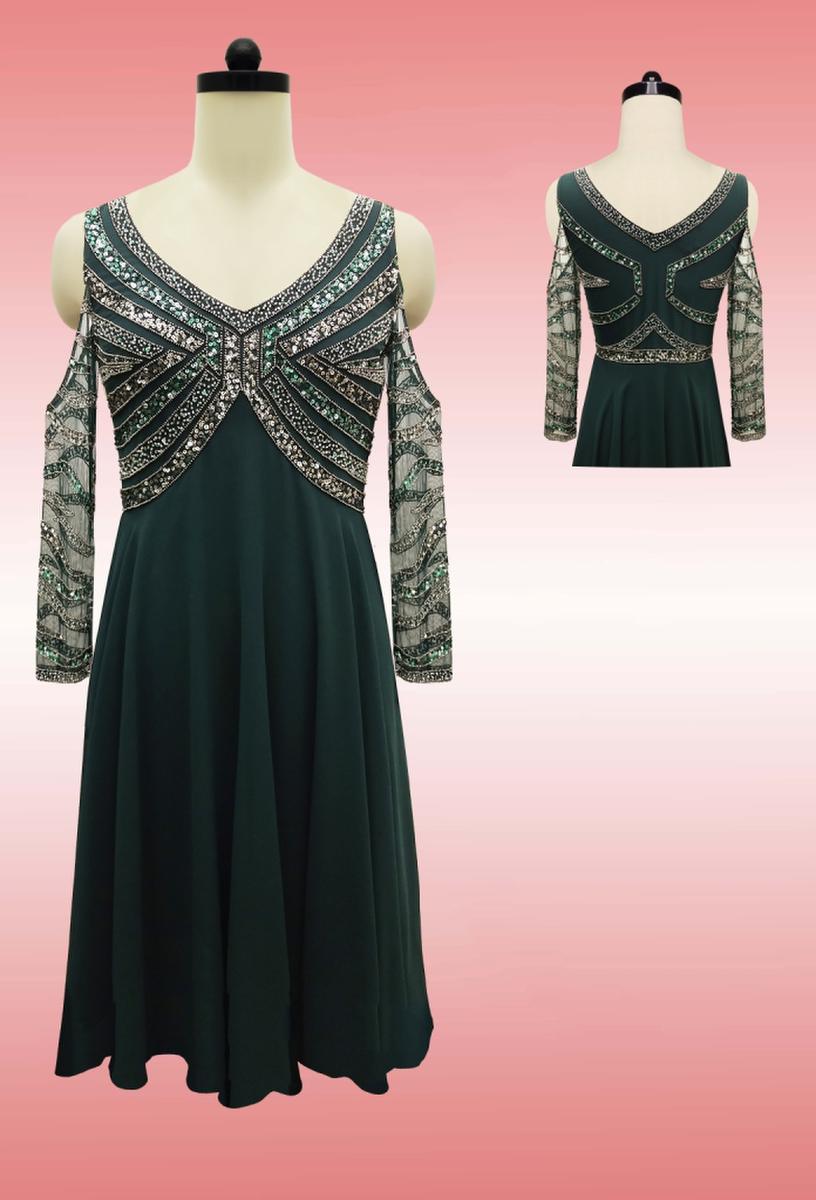 JKARA - Open Long Sleeve Chiffon Dress Bead Trim