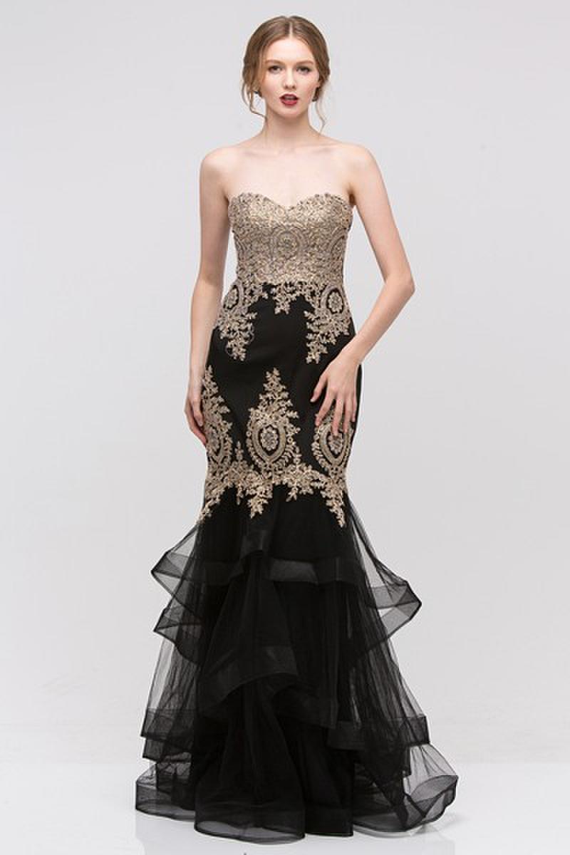 Fashion Eureka - Strapless Embellished Tiered Tulle Mermaid Gown