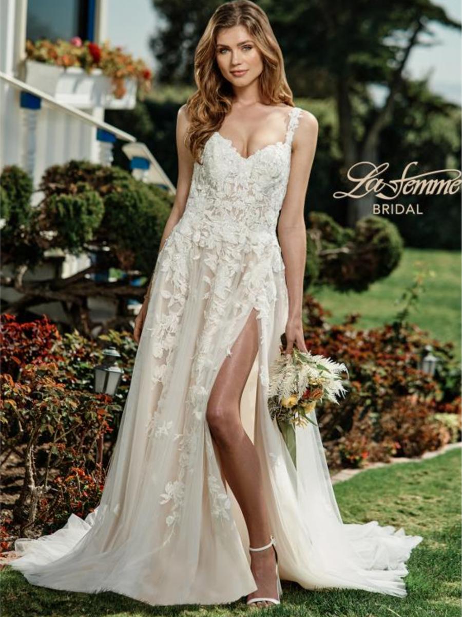 La Femme - Tulle Embroidered High Slit Gown