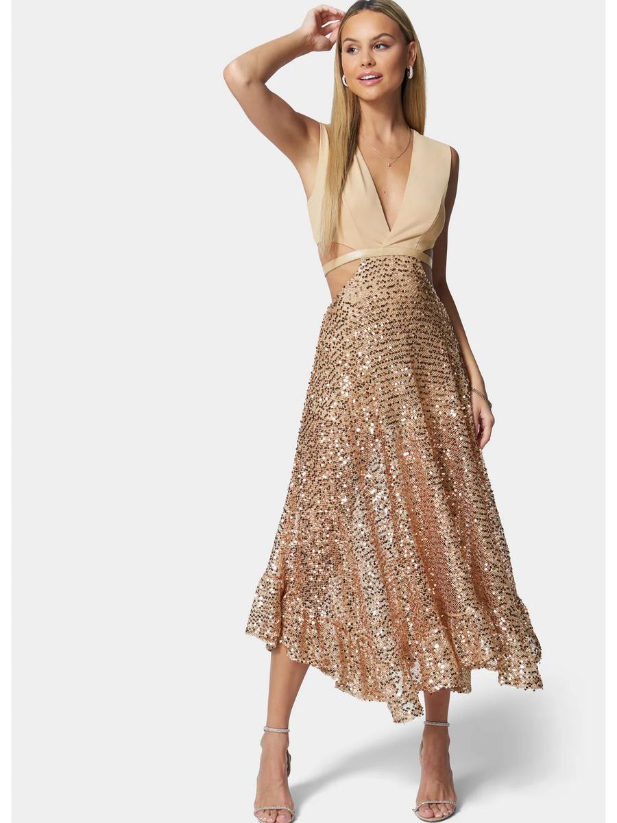 BEBE - Sequin Mesh Cut Out Gown