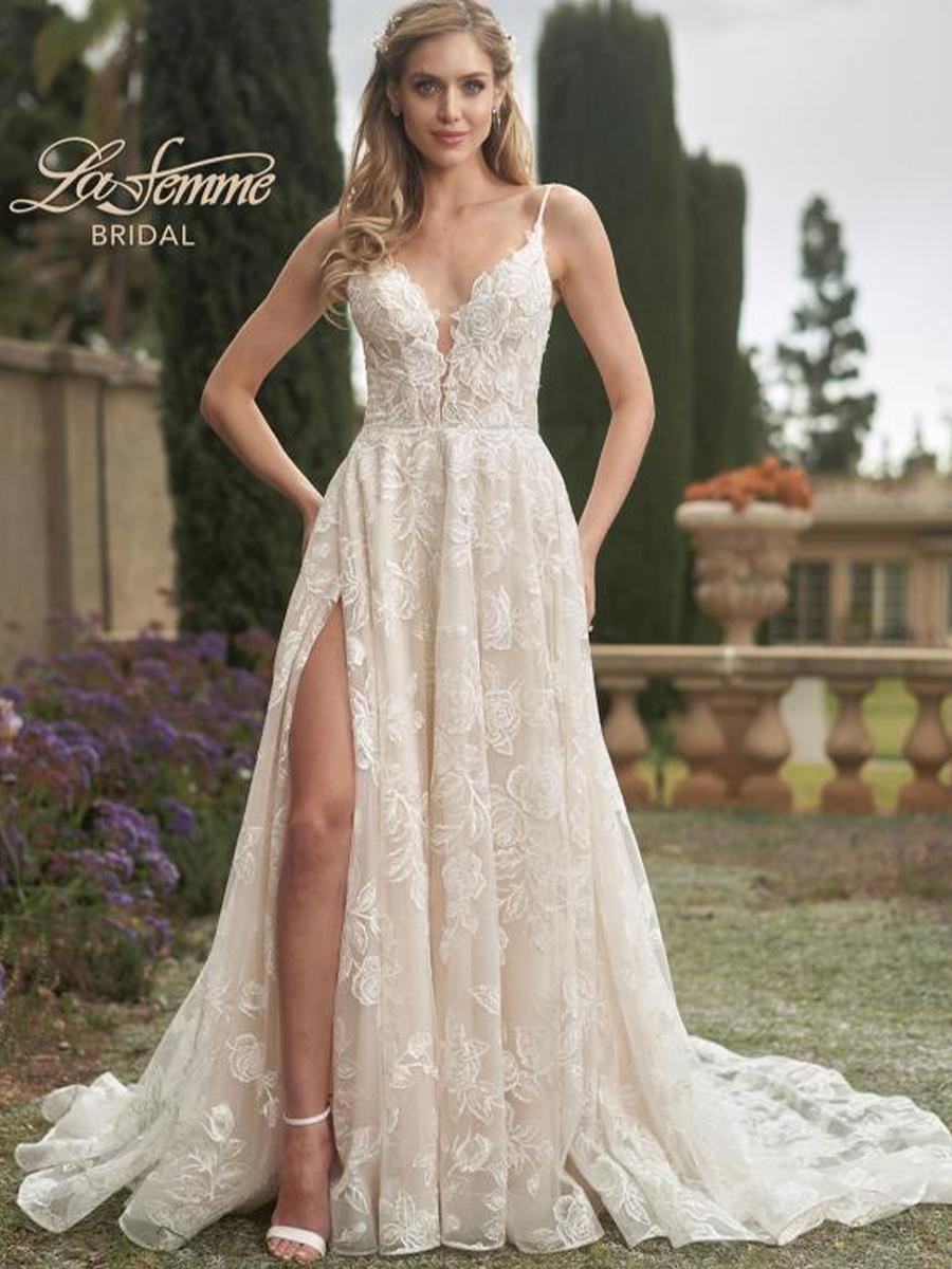 La Femme - Lace A-Line High Slit Gown B1056