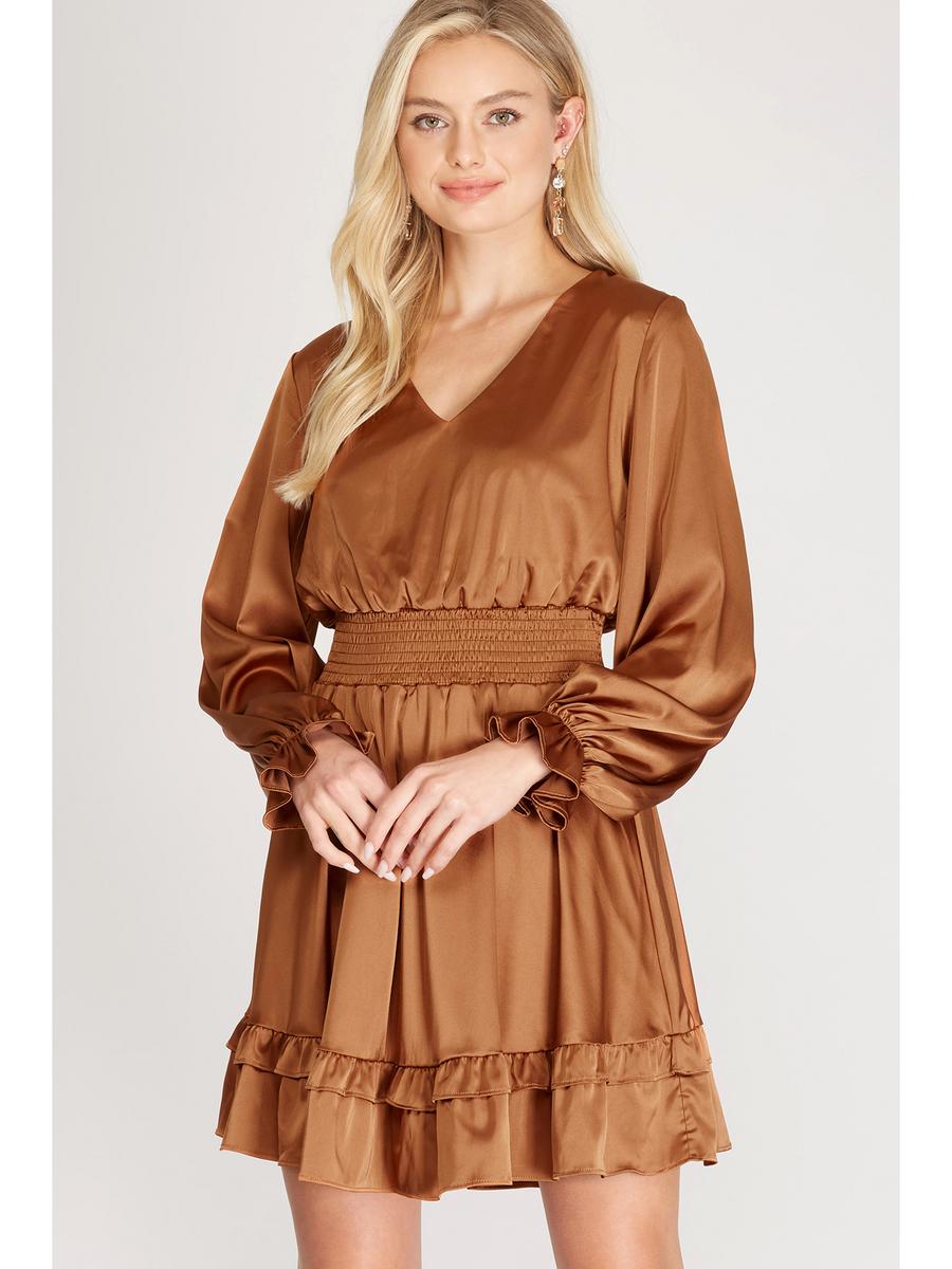 SHE AND SKY - Puff Sleeve Smoched Waist Satin Dress SS8252