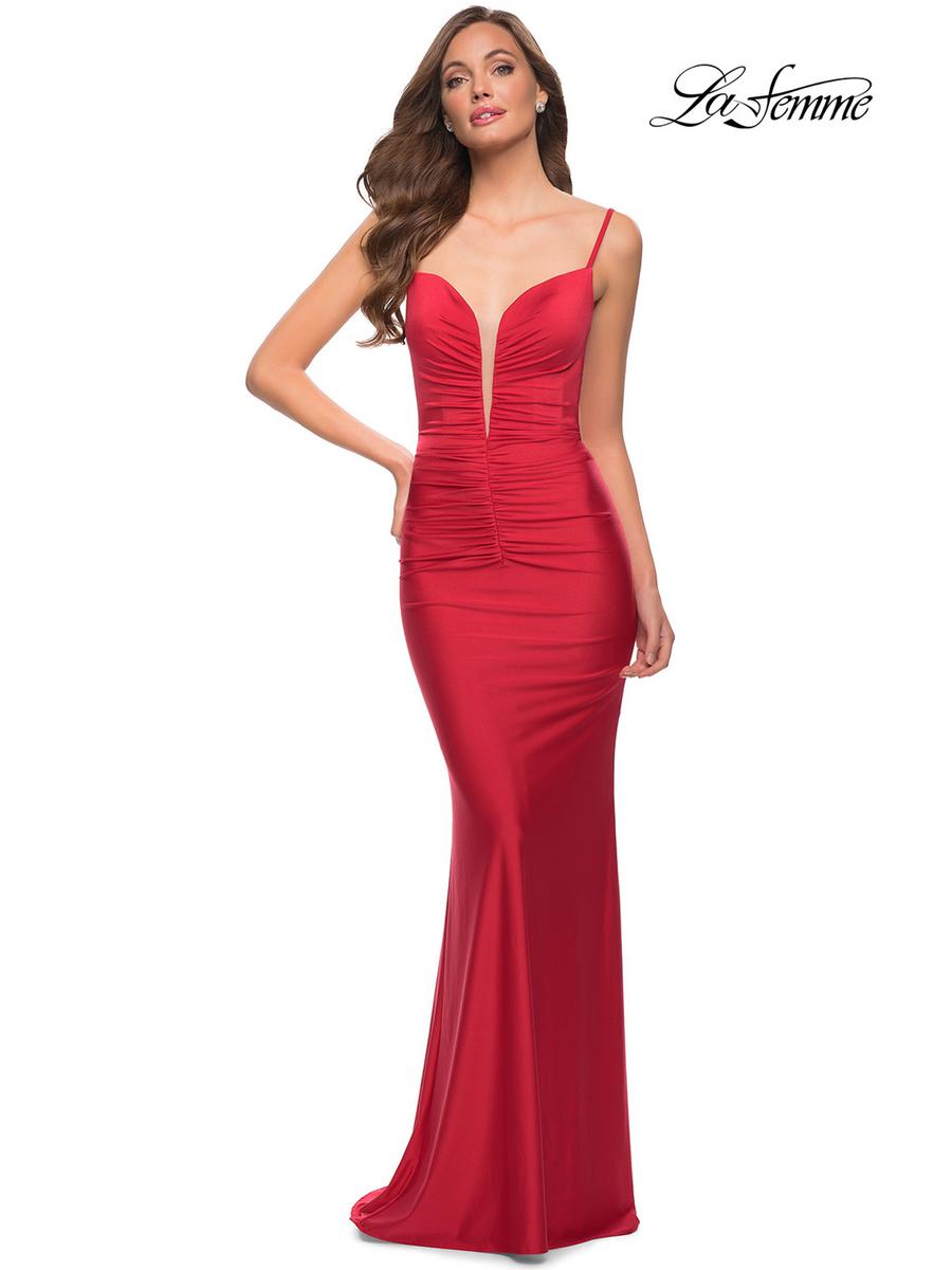 La Femme - N/ARuched Stretch Jersey Gown Deep V-Neck Illusion 29834S