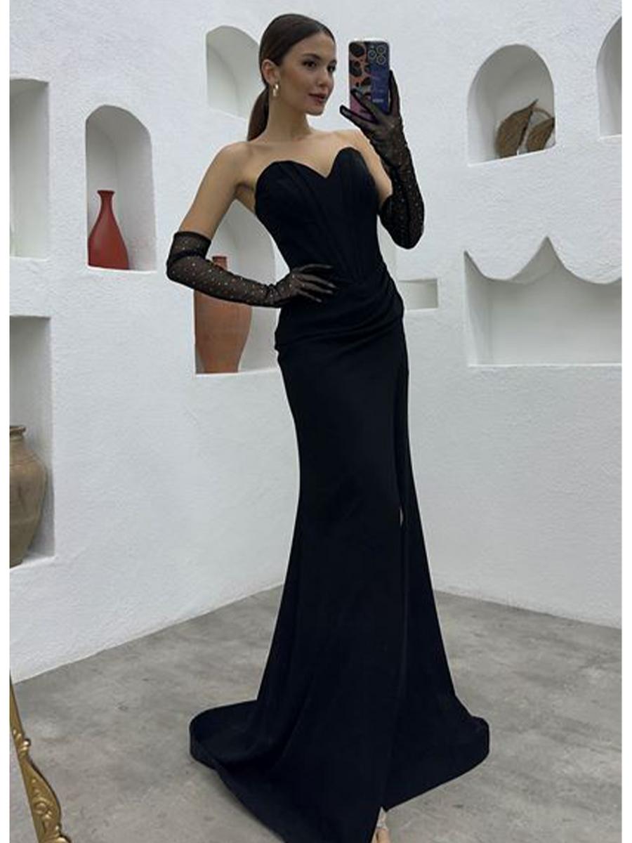 Kiyafet Sepeti - Crepe Strapless Gown with Sheer Rhintstone Gloves
