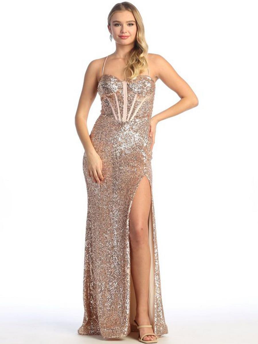 CINDY COLLECTION USA - Corset Boned Sequin Gown With High Slit 1756
