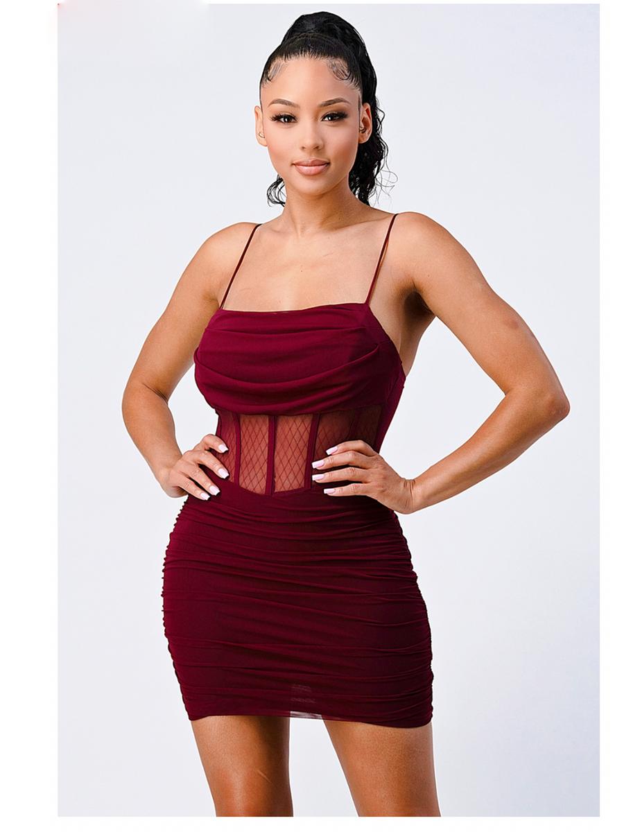 PRIVY - Ruched Mesh Ribbed Bodycon Dress