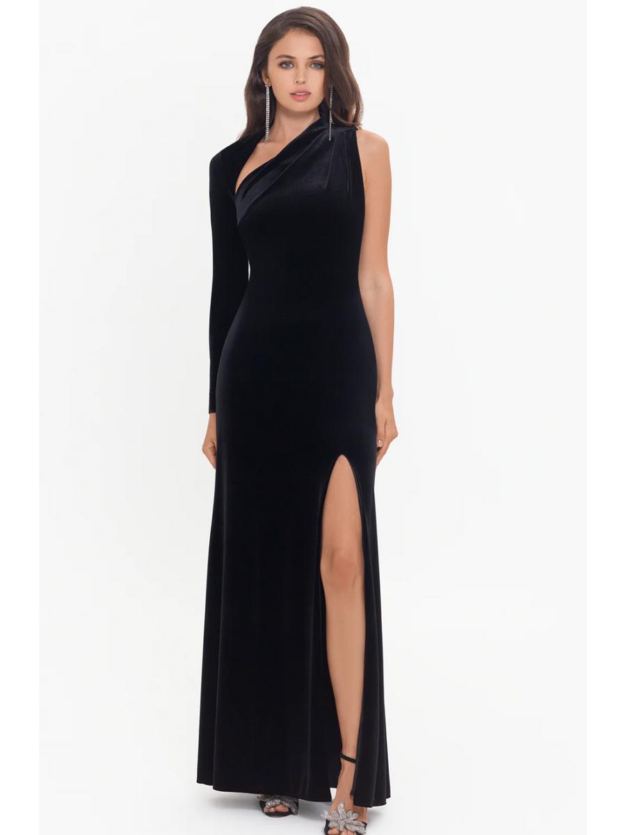 Betsy & Adam, Ltd. - Long Single Sleeve Velvet Gown with Slit A24227