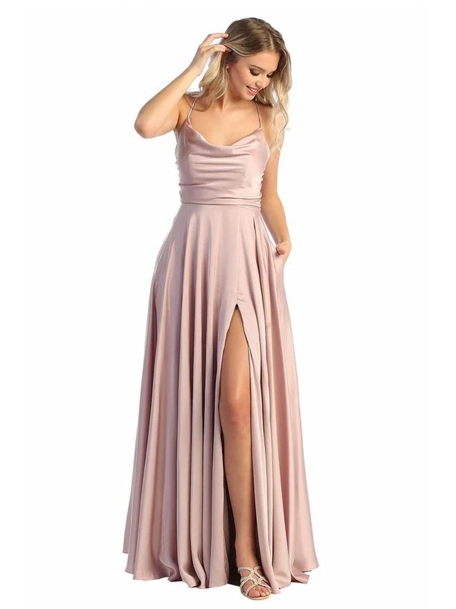 CINDY COLLECTION USA - Satin Aline Gown Cowl Neck Side Slit