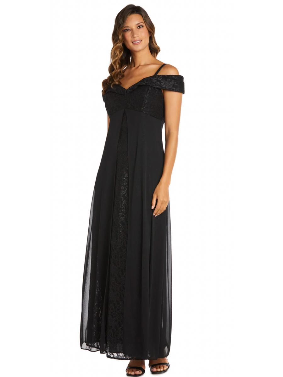 R & M Richards - Lace Off the Shoulder Gown with Chiffon Overlay 2604