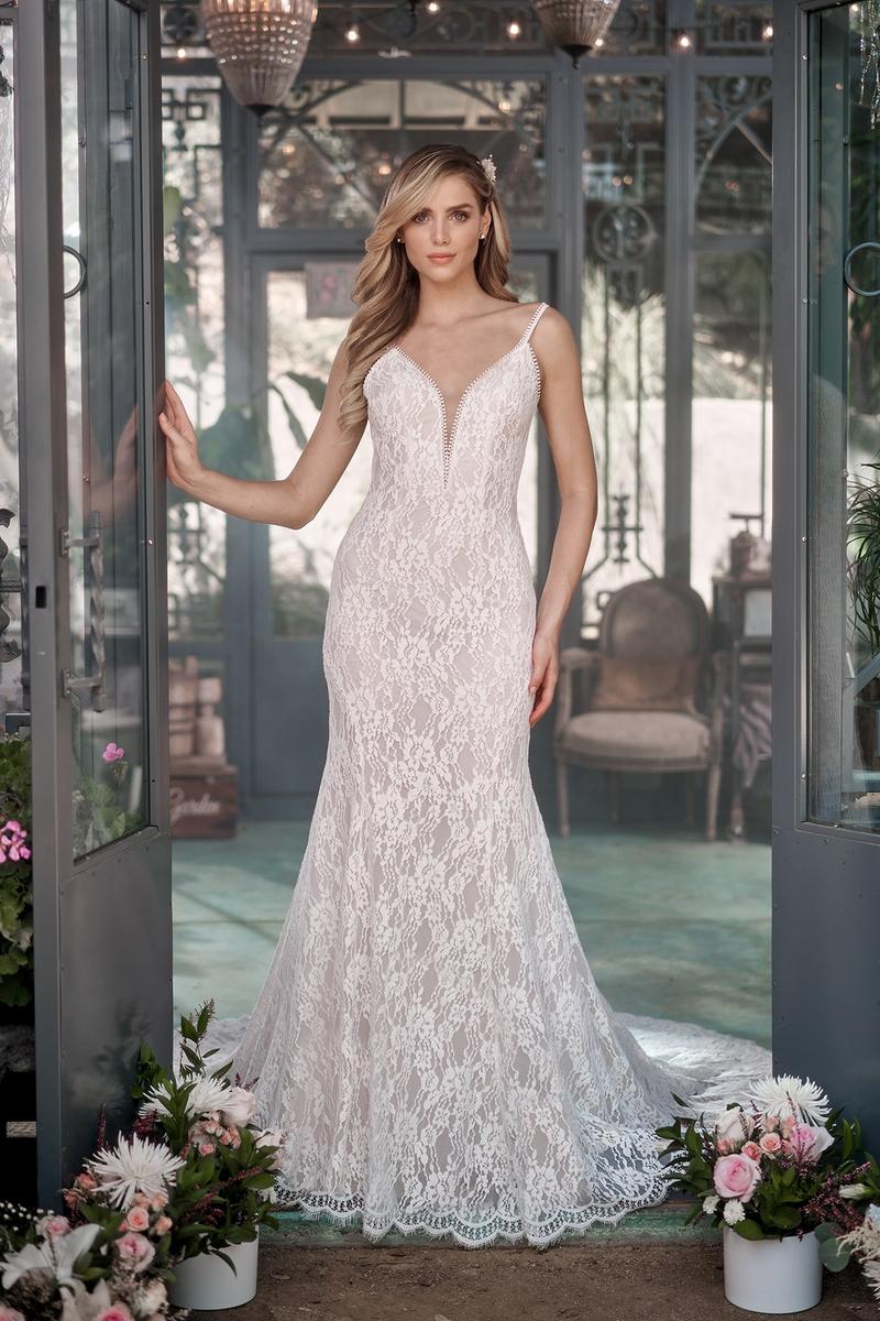 La Femme - Deep V Floral Lace Gown J2090