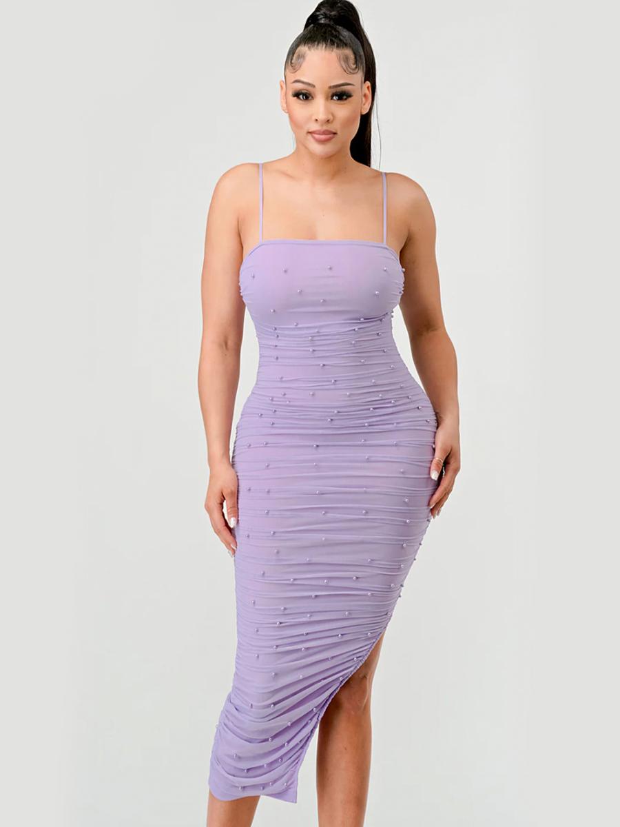 PRIVY - Mesh Pearl Ruched Dress PD73715N